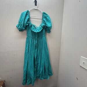 R Yiposha Dress Womens Sz L Blue Midi Ruffled Cottagecore Flowy Puff Sleeve Boho